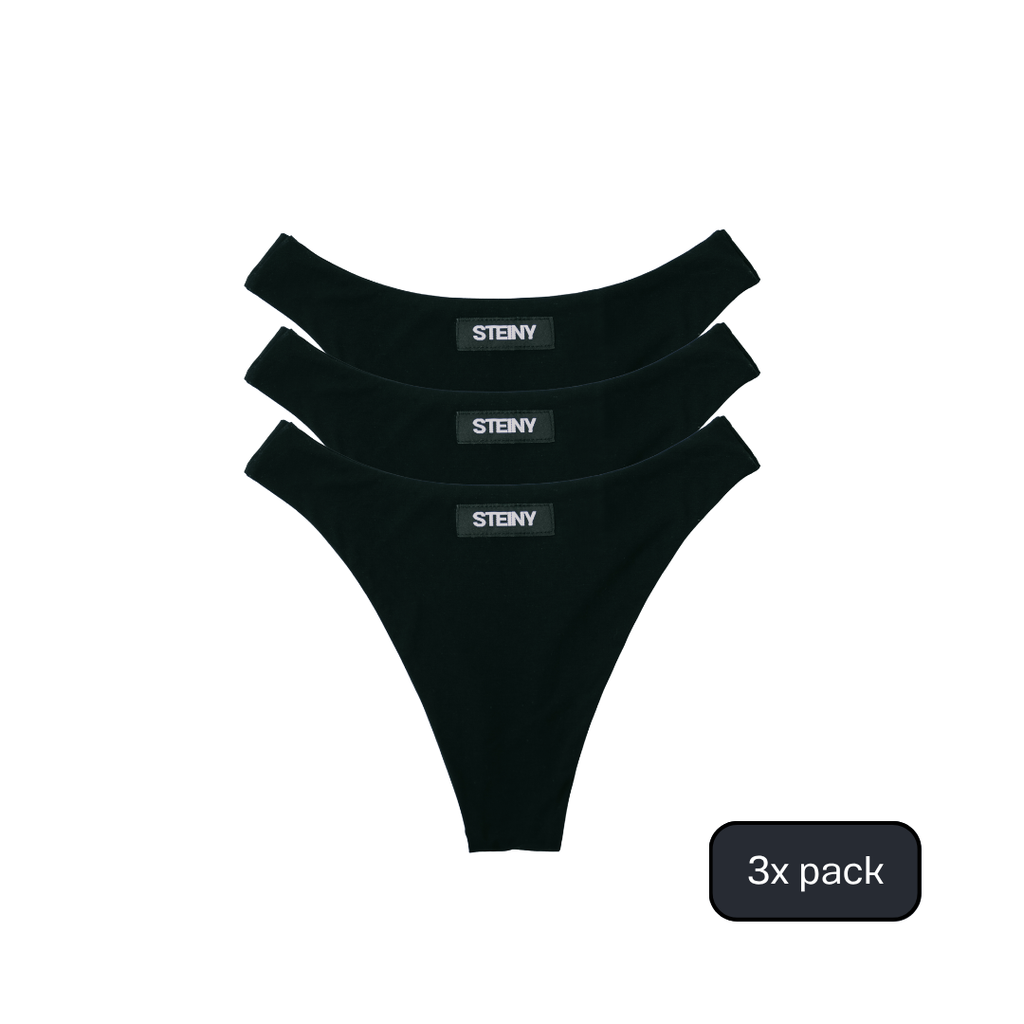 Three midnight black STEINY Underwear high-waisted thongs made of bamboo
