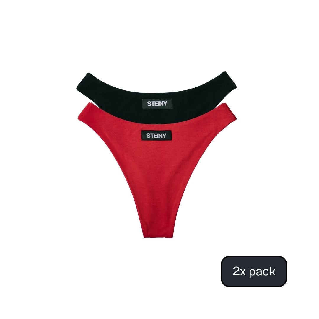 Two pairs of STEINY Underwear red and black bamboo high-waisted thongs