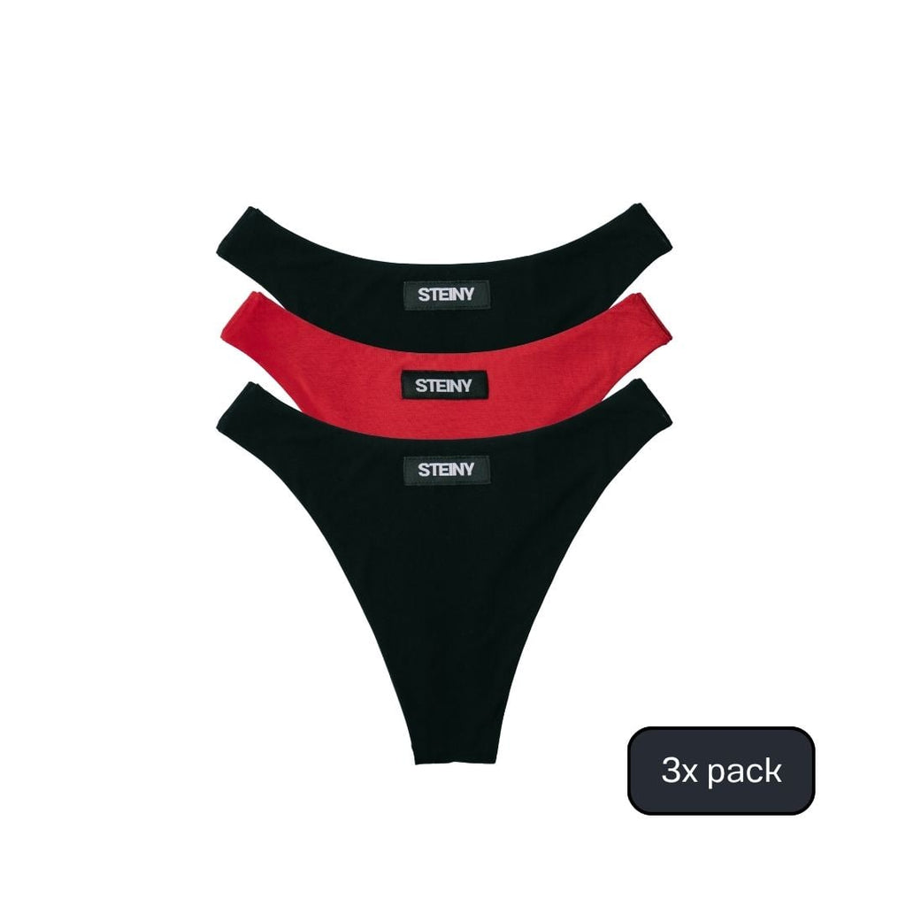 Three pairs of STEINY Underwear red and black bamboo high-waisted thongs