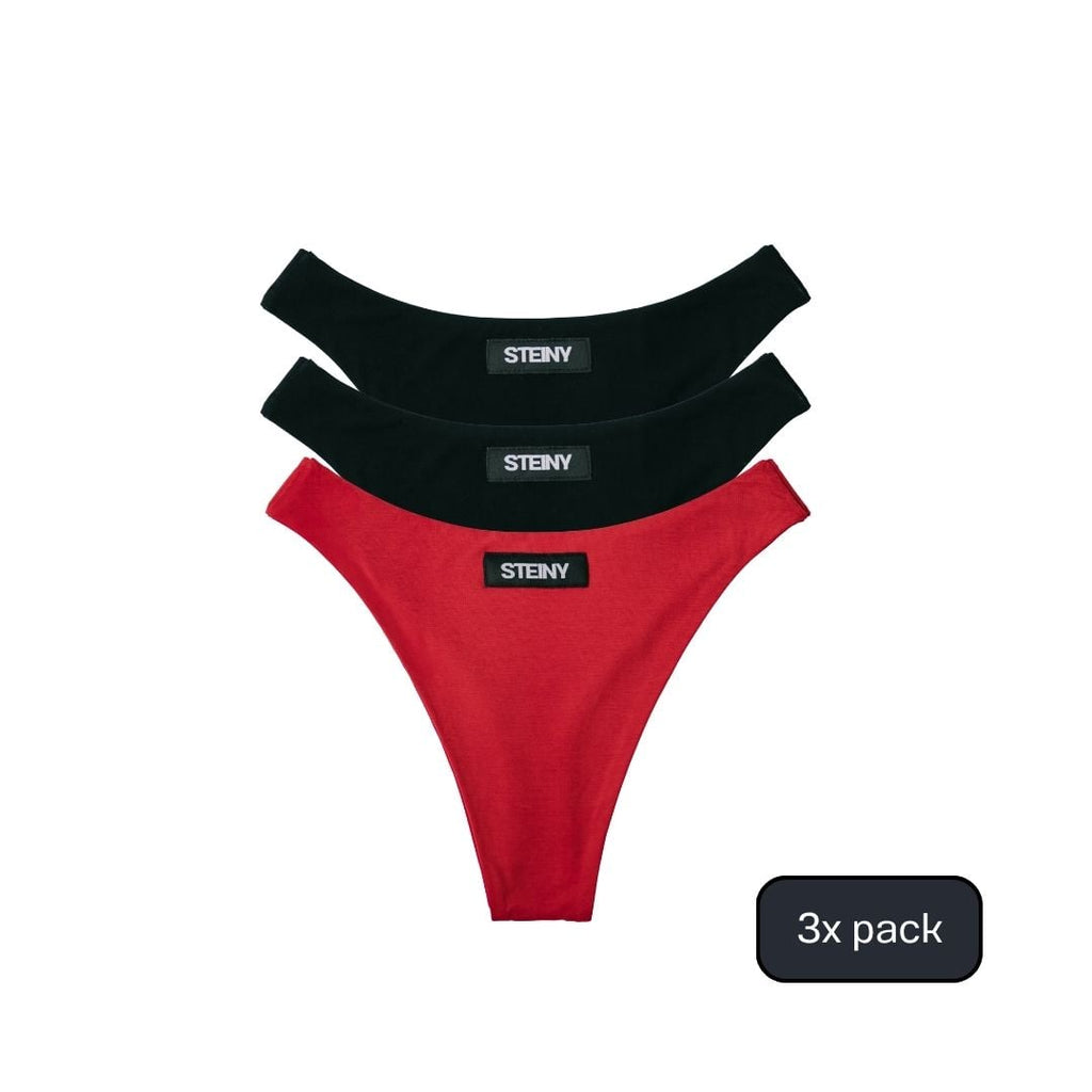 Three pairs of STEINY Underwear red and black bamboo high-waisted thongs