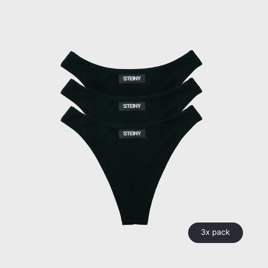 Three midnight black STEINY Underwear high-waisted thongs made of bamboo