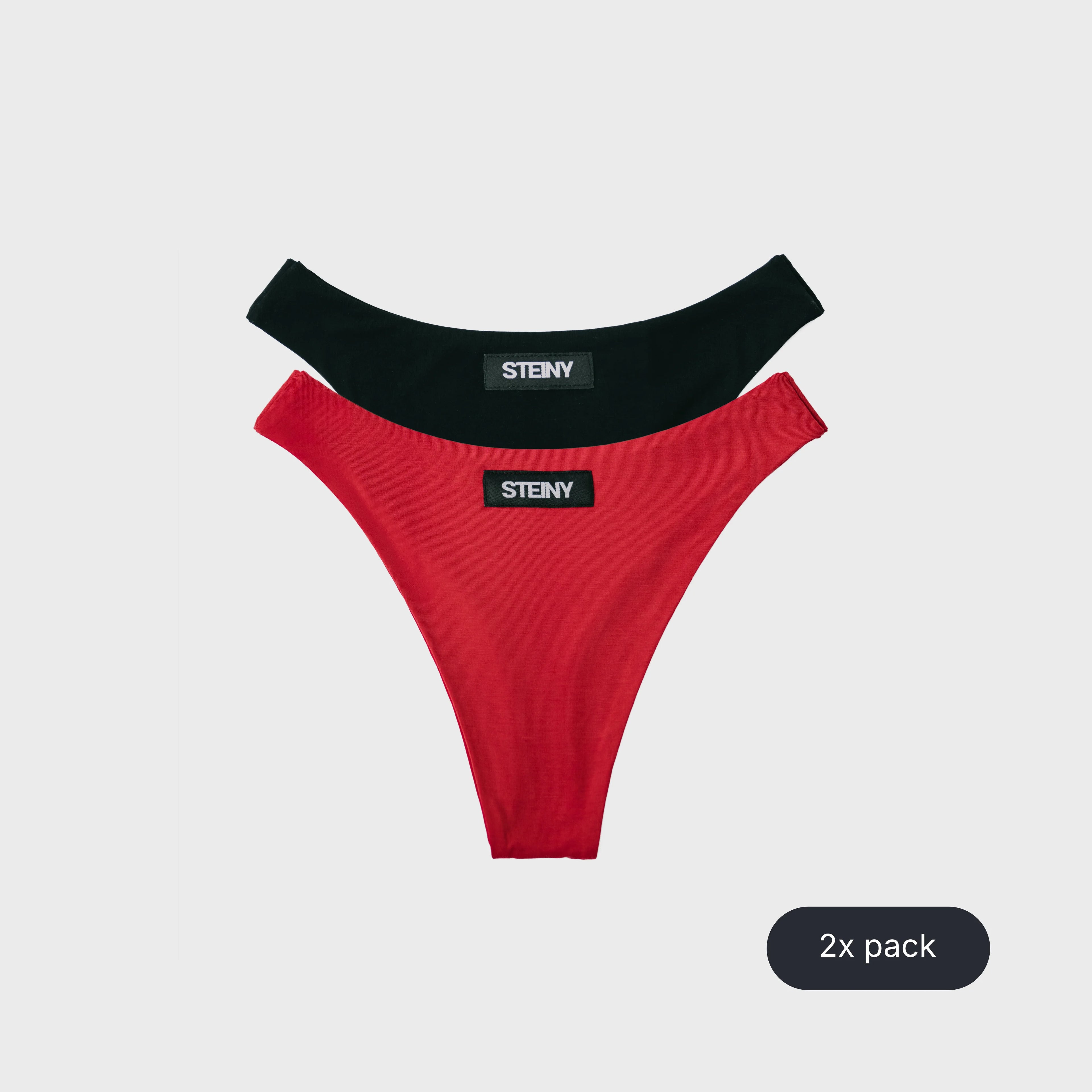 Two pairs of STEINY Underwear red and black bamboo high-waisted thongs