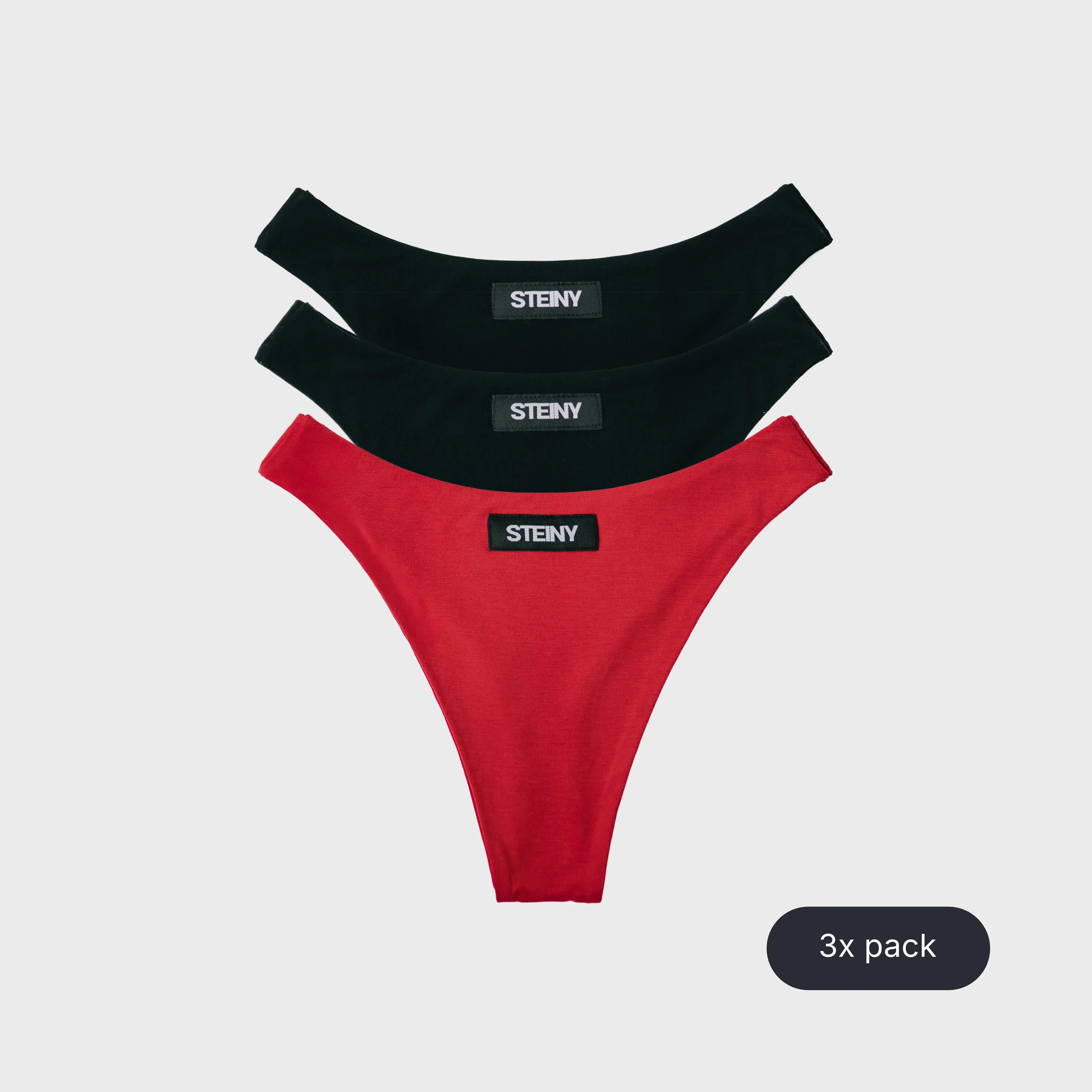 Three pairs of STEINY Underwear red and black bamboo high-waisted thongs