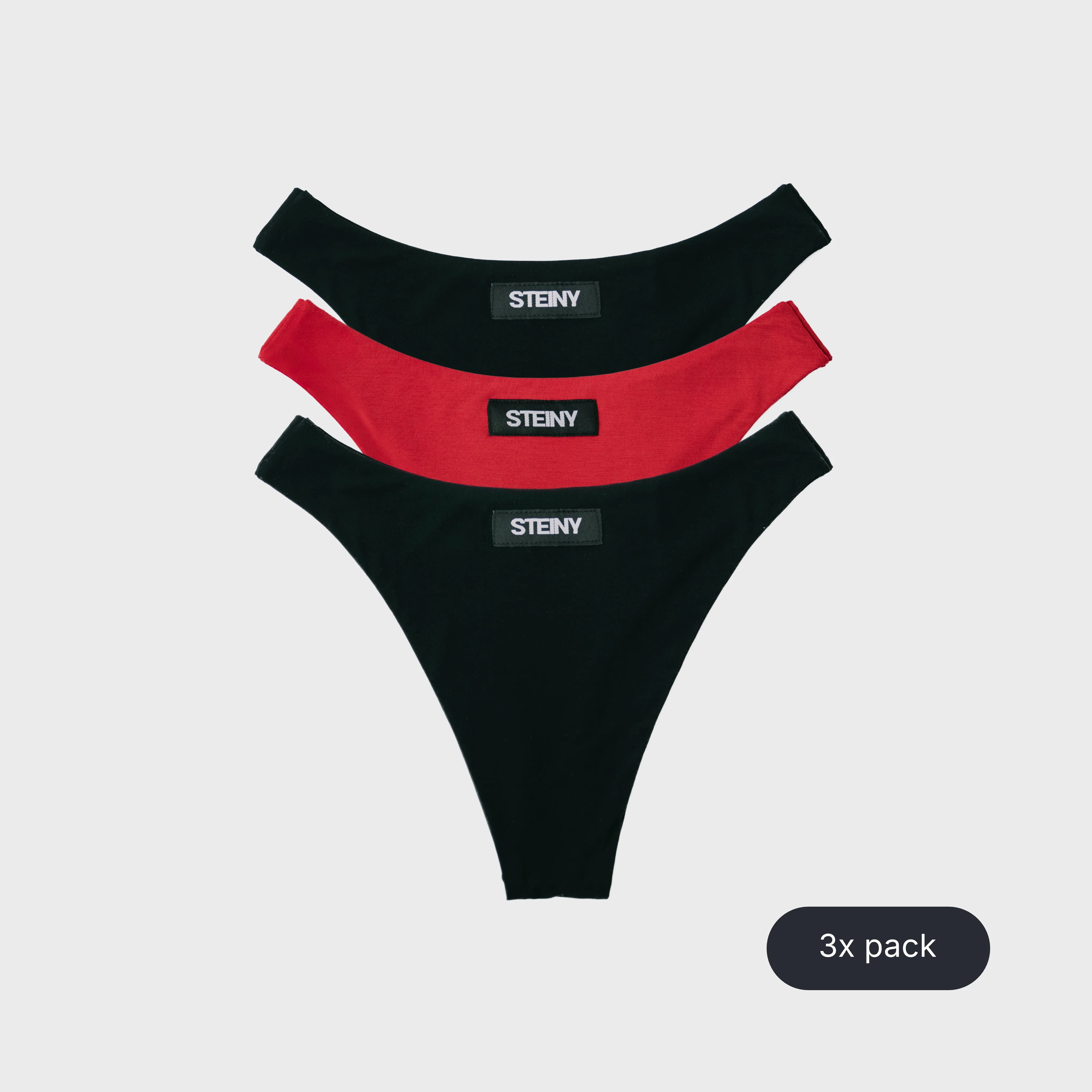 Three pairs of STEINY Underwear red and black bamboo high-waisted thongs